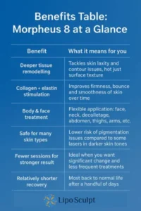 How Often Can I have Morpheus 8? 3 Table showing the benefits of Morpheus 8 treatment from Lipo Sculpt Welford on Avon