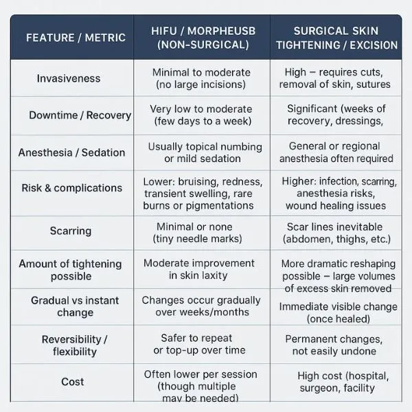 A table showing the benefits of Lipo Sculpt Welford on Avon treatments to combat loose skin.